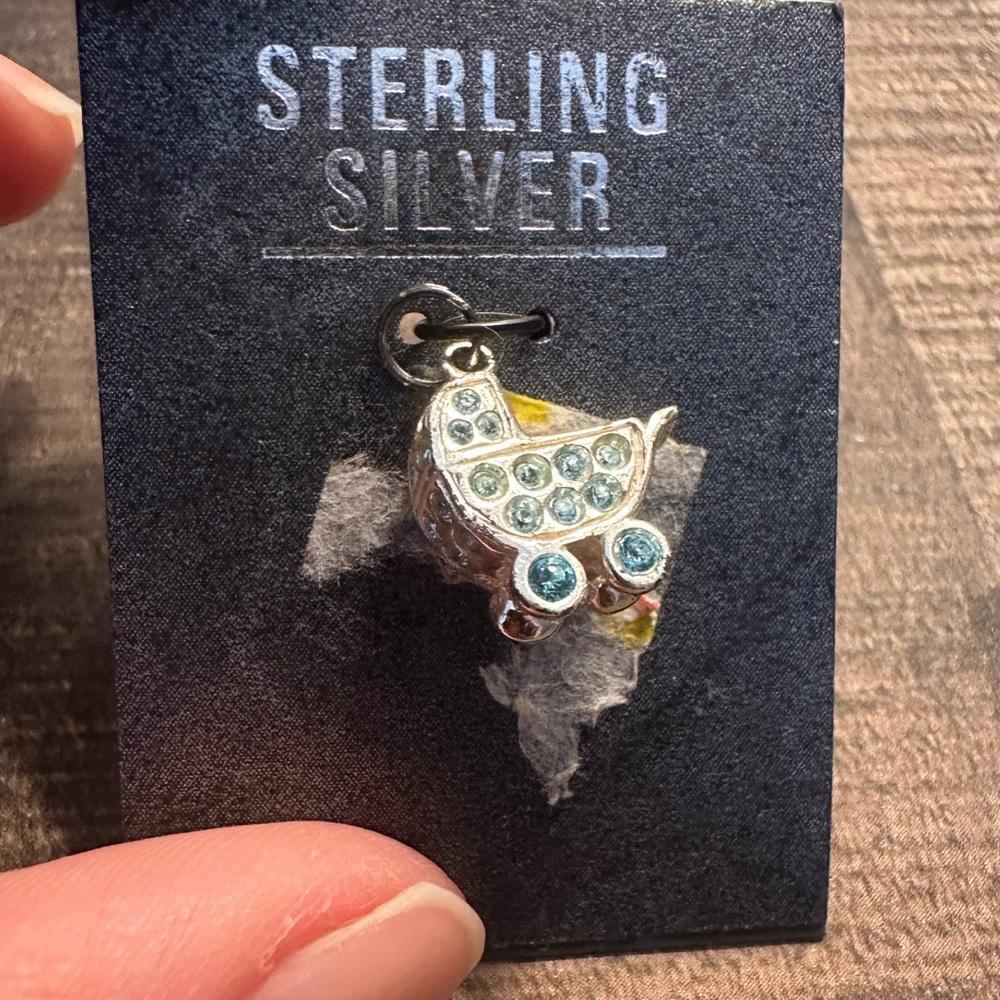 🍼👶🏻 Sterling silver baby carriage charm with blue stones